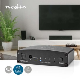 Nedis Digital Audio Switch | 4 Way | Connectors - Input: DC Power / 4X TosLink | Connectors - Output: TosLink Female | Push Button / Remote Control / Manual | Metal | Black