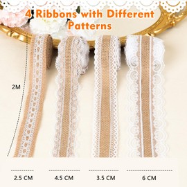 AiQInu 4 Rolls Jute Ribbon with Lace 2 m, Lace Ribbon Jute Fabric Decorative Ribbon, Vintage Jute Ribbon Roll with White Tips for DIY Crafts Wedding Party Gift Ribbon