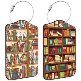 Luggage Tags for Suitcase Bookshelves Full of Books 2 PCS Leather Travel Luggage Tag with Stainless Steel Loop Name ID Label Privacy Cover for Women Men Travel