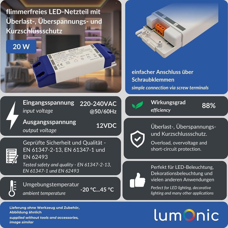 Lumonic LED Transformer BLV-20-12, 12 V, 20 W, Input 220-230