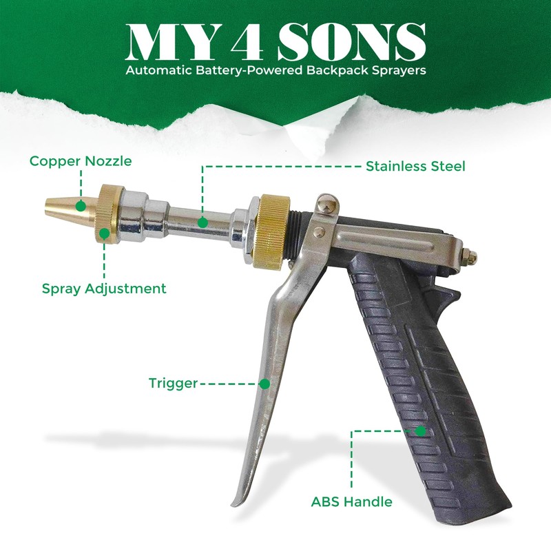 My4Sons Stainless Steel Spray Pistol & Hose Adapter with Adjustable