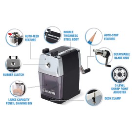 CARL Pencil Sharpener, CC-2000, Black, 5-Point Selector. Manual, Quiet for Office and Home Desks, School Classroom, CUI19018