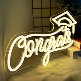 Congrats Grad Neon Sign with Graduation Cap, 14.5 * 8.5 Inch Warm White Grad Light Up Sign for Wall Decor, Graduation Party Decorations Class Room, Congratulations Letter Background Decor, USB Power