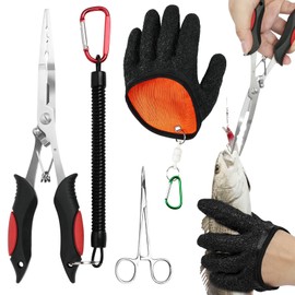 ABOHU Portable Fishing Pliers Set with Lanyard, 4 Pcs Fish Hook Removal Kit with Cut-Resistant Gloves, Stainless Steel Curved Forceps with Locking Ratchet for Sea River Fishing Tackle Accessories