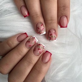 Cherry Press on Nails Short Square Fake Nails Nude Glossy False Nails with Design White Red French Tip Glue on Nails Artificial Acrylic Full Cover Stick on Nails for Women Manicure'