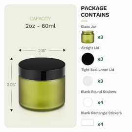 2 oz Green Glass Jars with Lids, Bumobum 3 pack Small Jars with White Labels & Inner Liners, 60 ml Empty Round Cosmetic Containers for Sample, Powder, Cream, Lotion, Spice