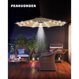 PEAKVONDER 7.5 ft Patio Umbrella with Solar Light, 24-LED + 1 Center Light, 6 Heavy Duty Ribs–Small Table Outdoor Umbrella for Patio- Beach, Pool, Deck, Market & Table, Crank&Tilt, Tan HPU753T