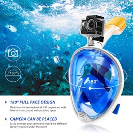 HEARTST Snorkel Mask, New Full Face, 180° Ultra Wide Angle, Diving Mask, Sports Camera, Snorkeling, Easy Breathing, Adjustable, Unisex, Kids, Convenient Storage (Blue, S/M)