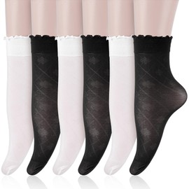 6 Pairs Sheer Ankle Socks Women Summer Ultra Thin Sheer Ruffle Socks Breathable Nylon Stocking Cool See Through Socks White Sheer Socks Soft Silk Ankle Socks Clear Tulle Socks for Women Girl