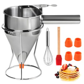 YOFAPA 40 oz Stainless Steel Batter Dispenser, 1.2 L Pancake Batter Dispenser with Stand, Batter Funnel with 4 Nozzles, Brush, Whisk, for Cupcake, Waffle, Crepes, Baking, Breakfast Prep