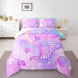 Feelyou Mermaid Comforter Set Queen Size for Kids Girls Rainbow Purple Mermaid Tail Printed Bedding Set Cute Reversible Stars Quilt Bed Set Sparkle Mermaid Fish Scale Bedroom Glitter Decor All Season