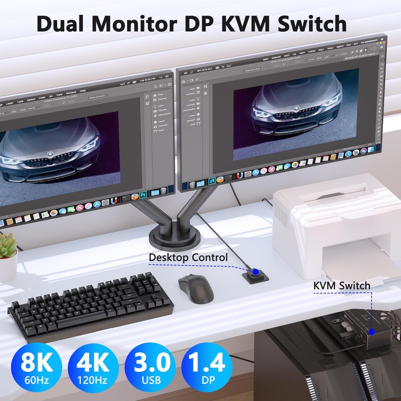 KVM Switch 2 Monitors 2 Computers DisplayPort 8K @60Hz, USB