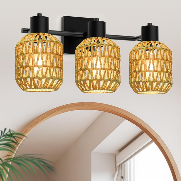 CHICLUX Bathroom Vanity Light, 3 Lights Boho Rattan Bathroom Lighting
