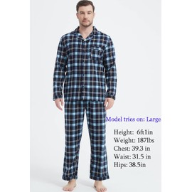 CHUNG Men Cotton Pajamas Set Soft Flannel Plaid Long Sleeve Tops Pants Warm Sleepwear (X-Large, Light Blue)