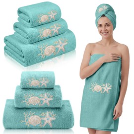 Gilprop 3 Pcs Coastal Ocean Bath Cotton Towels Set Including 1 Bath Towel 1 Hand Towel and 1 Wash Cloth, Teal Beach Embroidered Towels Gift Set for Summer Kitchen Bathroom Gym Spa Decoration