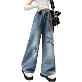 Nivne Tco Girls Baggy Jeans, Stretchy Waist Wide Leg Jeans with Star Embroidery - Soft Loose Fit Pants with Pockets for Kids (US, Age, 12 Years, Blue)