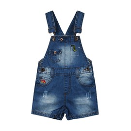 KIDSCOOL SPACE Baby & Little Boys Dinosaur Car Embroidered Ripped Fashion Denim Shortalls,Blue,4-5 Years
