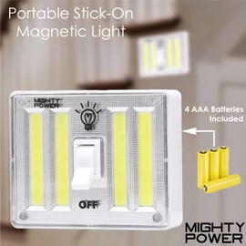 Mighty Power Portable Stick-ON Magnetic Wireless 4 COB LED Switch Light, 400 Lumens, Battery-Operated & Cordless Switch, Used Under Cabinet, Shelf, Closet, Garage, Kitchen, Stairwell & Emergency