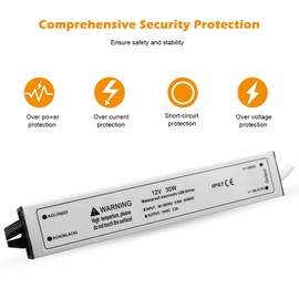 LED Driver Waterproof IP67 30W LED Power Supply Transformer Adapter 110V AC to 12V DC Low Voltage Output with 3-Prong Plug 3.3 Feet Cable for LED Strip Lighting, Outdoor Use