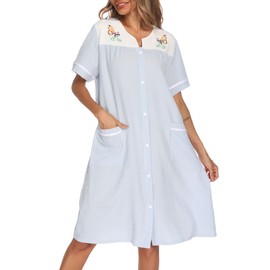 YOZLY Women Embroidered House Dress Short Sleeve Housecoat with Front Pockets Light Blue, Medium