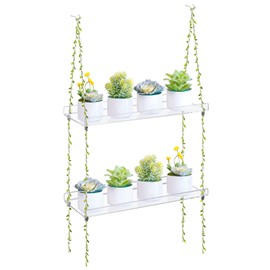 Sumerflos Acrylic Window Boxes Window Plant Shelves 2 Tier - Clear Hanging Shelf Indoor Jute Twine Adjustable Plant Holder for Window Wall Living Room Balcony Natural