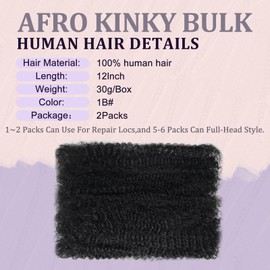 LPARMJIT Afro Kinkys Bulk Human Hair 8-Inch 30g/Bundle Kinky Curly Braiding Human Hair for Locs, Twists, Loc Repair, Dreadlock Extension. (1b, 12inch(2pack))