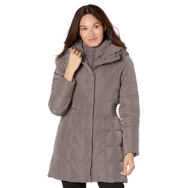 Cole Haan Women's Taffeta Down Coat with Bib Front and Dramatic Hood, carbon, Small