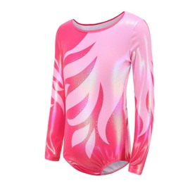 Ukyzddio Gymnastics Leotards for Girls Ballet Dance Shiny Beads Flame Print Metallic Long Sleeve Leotards Unitards Bodysuit Activewear Pink Size 8