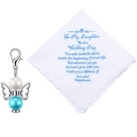 Tegeme 2 Pcs Brides Wedding Handkerchief Something for Daughter Blue Color Gift for Bride Handkerchief and Angel Keychains(Elegant Style)