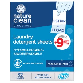 Nature Clean Plastic Free Natural Laundry Detergent Sheets Unscented 64 counts, Non-Toxic Organic Eco Friendly Hypoallergenic Biodegradable Laundry Strips Travel Laundry Soap Sheets Fragrance Free