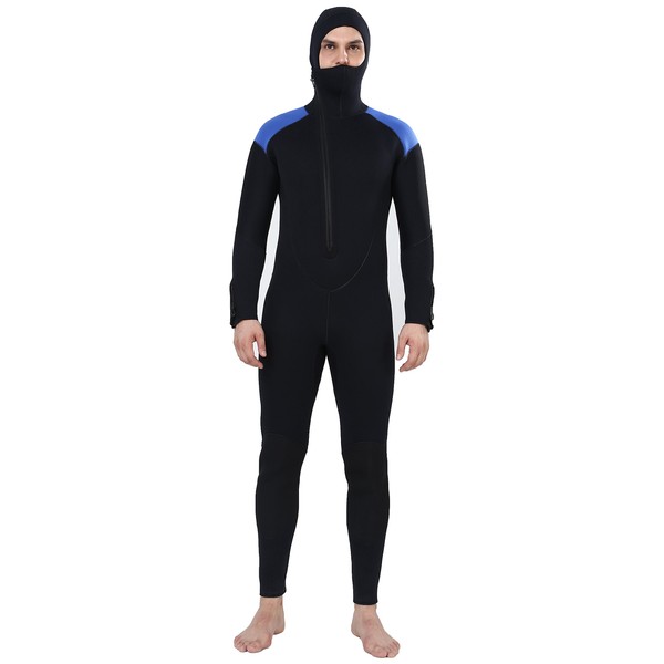 REALON Wetsuit 5mm Full Diving Suit Front Zipper Hoodie Snorkeling Surfing Suits Men (5mm Black Blue, 3X-Large)