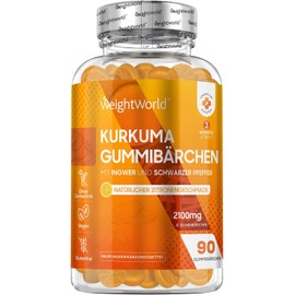 Turmeric Gummy Bears - With 2000 mg Turmeric Extract (Curcumin) - 90 Vitamin Gummy Bears with Lemon Flavour - 100 mg Ginger & 1000 mcg Black Pepper - Vegan & Without Gelatin - For Adults