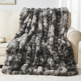 Wajade Fluffy Faux Fur Twin Size Blanket for Couch Bed 60x80 Inches, Luxury Ultra Soft Thick Fuzzy Plush Bubble Blanket, Reversible Warm Cozy Blanket for Sofa Chair, Tie-dye Dark Grey