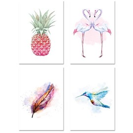 PicsonPaper Poster Set of 4 Tropic Aquarell, Unframed, DIN A4, Art Prints, Poster, Decoration, Pineapple, Flamingo, Feather, Hummingbird, Watercolour Look, Wall Picture, Gift (without Picture Frame)