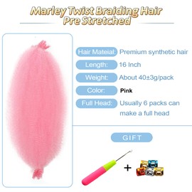 Kaluli Marley Hair 16 Inch Pink Braiding Hair for Versatile Styles (Soft Locs, Faux Locs, Passion Twist, Spring Twist) - Sew-In Installation - Human Hair - 3 Packs