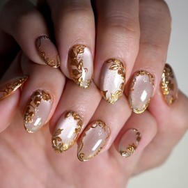 Gilding Press on Nails French Fake Nails Golden Leaf Glue on Nails Glossy Shiny Stick on Nails Short Almond False Nails Full Cover Artificial Acrylic Nails Reusable Nails Kit for Women Girls 24Pcs