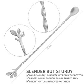 AnSaw Silver 10-Inch Stainless Steel Cocktail Spoon with Leaf Handle - Perfect for Mixing & Layering Drinks in Tall Cups, Bar & Shakers - Durable Long Handle Bar Stirrer,1-Pieces
