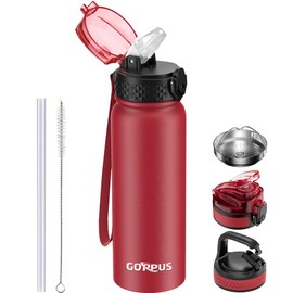GOPPUS 600ml/20oz Stainless Steel Water Bottle with Straw Insulated Sports Bottle Cold Flask with Straw Double Walled Flip up Metal Water Bottles Leakproof Water Bottle for Gym Sports