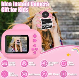 Kids Camera Instant Print Camera for Kids, Toddler Camera Christmas Birthday Gifts for Girls Boys, 1080P HD Digital Video Cameras, Instant Camera Toy for 4 5 6 7 8 9 10 Year Girl with SD Card (Pink)