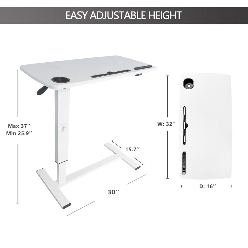 Over Bed Table Pneumatic Adjustable Height Stand Desk with Hidden