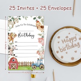Birthday Party Invitations For Boy Girl, Farm Animal Party Birthday Invites, (20 Count) With Envelopes, Party Supplies -Birinvite 13
