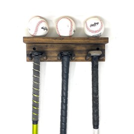 MWCSPORTSCOMPLEX Baseball Softball Bat Rack Display Meant to Hold up to 5 Full Size Bats and 3 Baseballs Holder Trophy Awards Baseball Bat Rack Display Shelf Holder Wall Mount (Walnut)