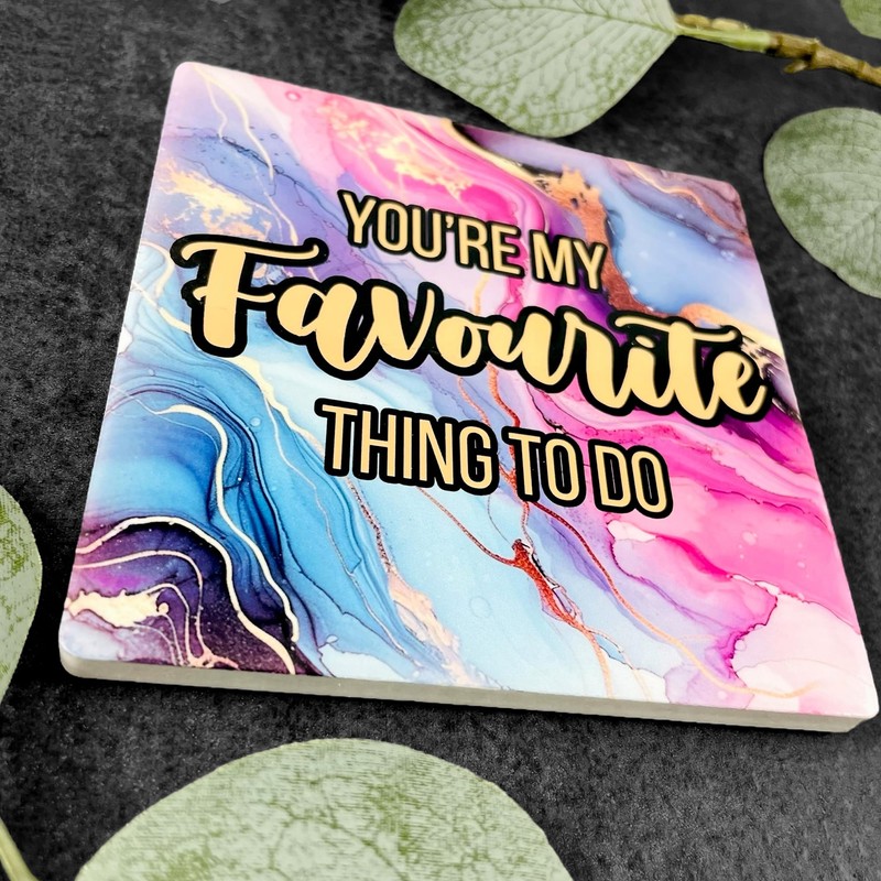 Romantic Quote Coaster, Marble Design Background, Pink and Blue Abstract