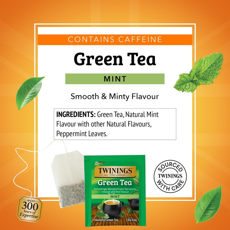 Twinings Green Tea with Mint Individually Wrapped Bags, 20 Count
