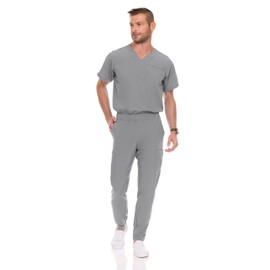 MediChic Men Scrubs Set - Stretch V-Neck Scrub Top with 7-Pocket Pants, Anti-Wrinkle, Yoga Waistband Workwear Scrubs for Men