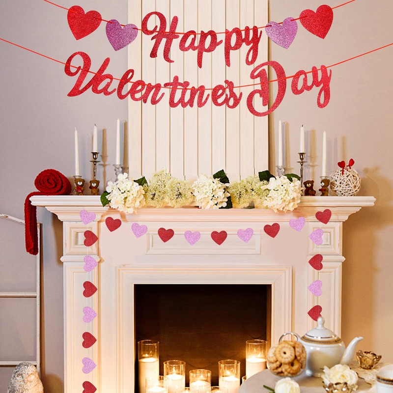 Gistome Happy Valentine's Day Banner - Red Pink Glitter Valentine