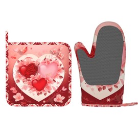 Oven Mitts Pot Holders Sets Beautiful Flowers Red Hearts Love Silicone Oven Gloves Kitchen Accessories for Baking Cooking Party