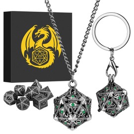 Mini DND Dice Set with Keychain Necklace Pocket Chain Green Diamond Hollow D20 Metal Case, 7pcs Polyhedral Metal D&D Dice Set, DND Gifts with Gift Box, Role Playing Board Games Accessories, Silver