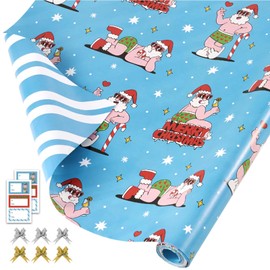 EWES Blue Christmas Wrapping Paper Set Funny Rolls Santa Claus For Kids Cute Cartoon Thick Gnome Gift Wrap Sheets Unique Reversible Fun Total 28.5sq.ft