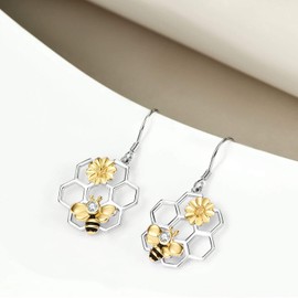 LUHE Honeycomb with Bee Stud Earrings 925 Sterling Silver Beehive and Bee Earrings for Women (bee earrings) (B-Bee earrings)